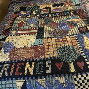 VTG Welcome Friends Tapestry Blanket Fringe Celestial Whimsy Fall Afghan Cottage